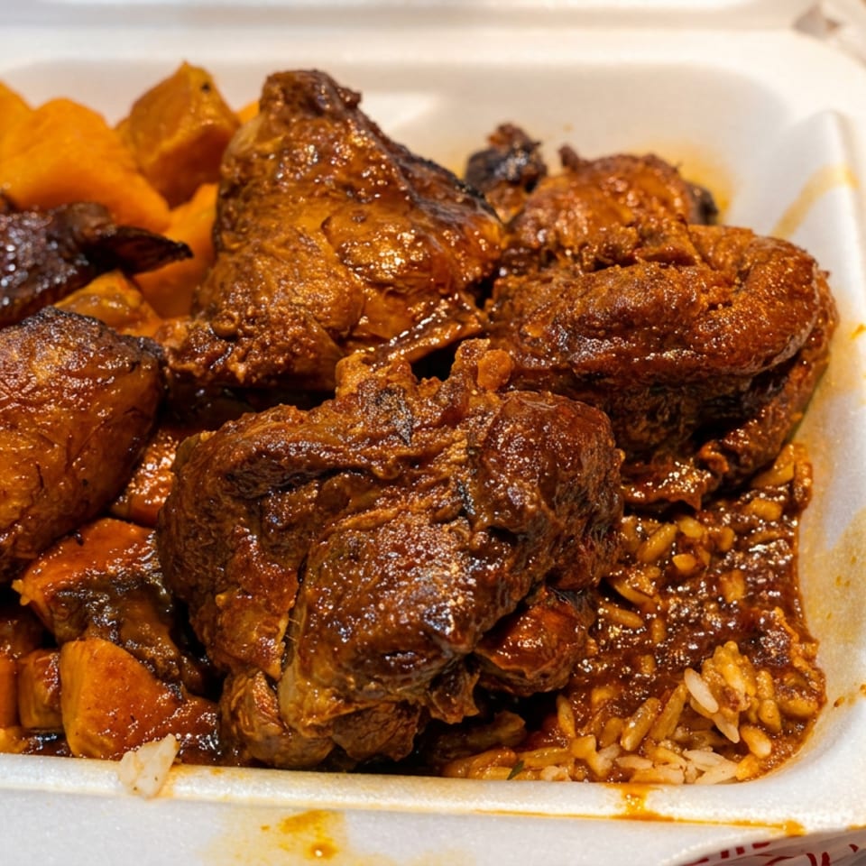Stewed chicken and rice with a side of sweet potatoes in a white takeout container.