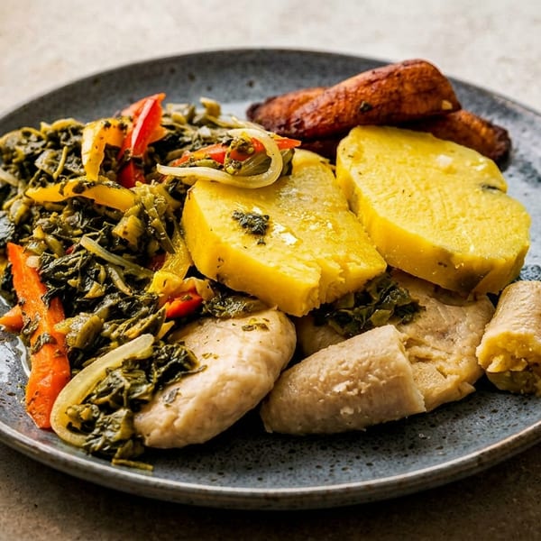 A plate of callaloo, yellow yam, dumplings, and fried plantains on a speckled gray plate.