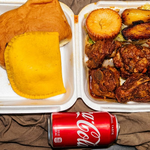 Takeout container with stewed meat, rice, plantains, a patty, and a coco bread, with a Coke can.