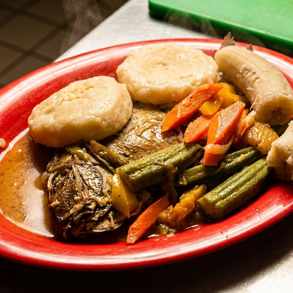 Steaming whole fish with dumplings, okra, carrots, and bananas on a red plate.