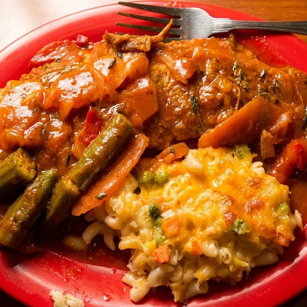 A red plate holds a meal of chicken and okra stew with macaroni and cheese.